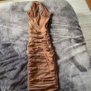 House of CB Valentina Corset Ruched Midi Dress Mocha Brown